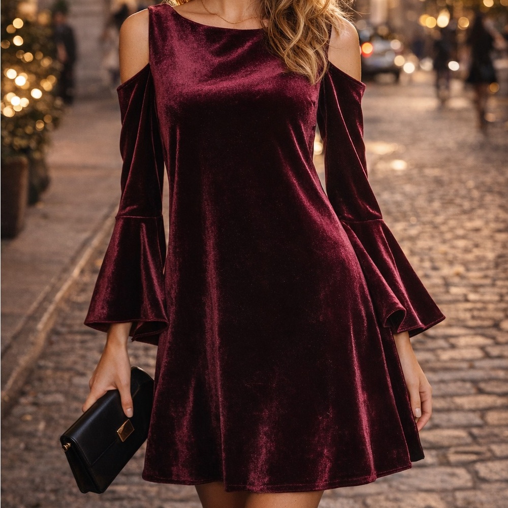 Ralph Lauren Lauren Burgundy‎ Velvet Cold Shoulder Dress Size 10 Holiday Party